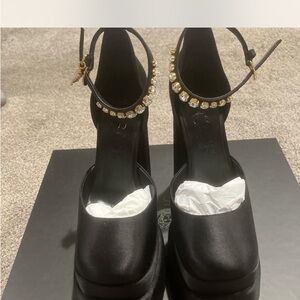 Versace Black and Gold Heels with Platform and Ankle Strap